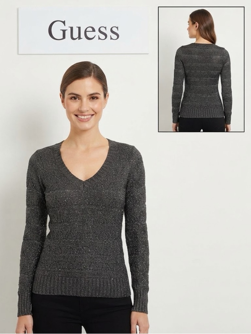 Guess Wool Blend Metallic Thread V-Neck Sweater Extra Small